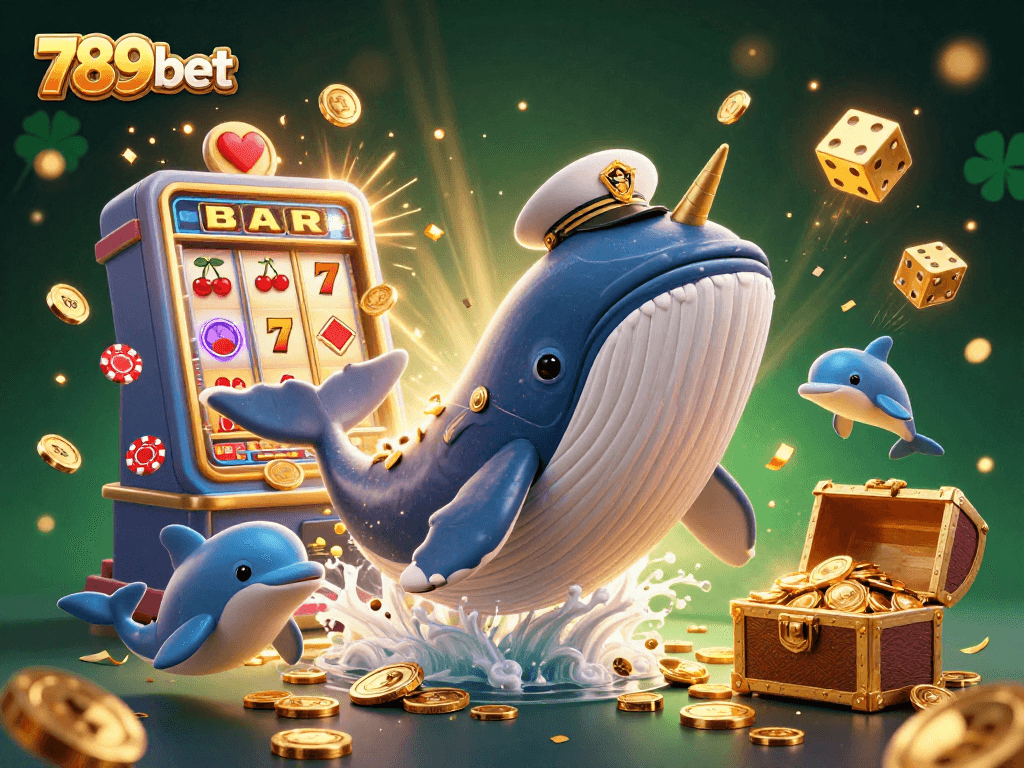 Engage with 789bet's vibrant casino art featuring a whale, narwhal, and playful dolphins around a dynamic gambling scene.