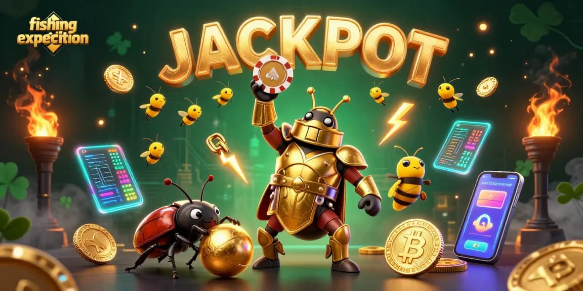 Engaging fishing expedition 3D illustration showcasing a victorious beetle amidst captivating casino elements.