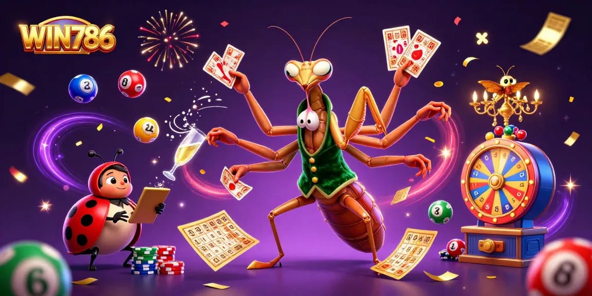 WIN786 casino gaming scene with a giant praying mantis dealing cards and colorful lottery elements.