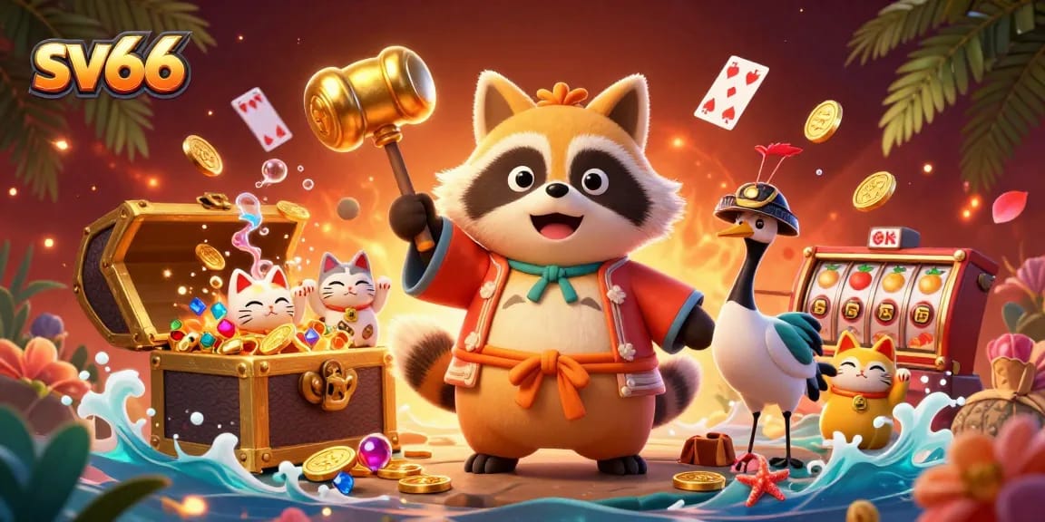 Engage with sv66's vibrant online casino atmosphere featuring a cheerful tanuki and unique game elements.