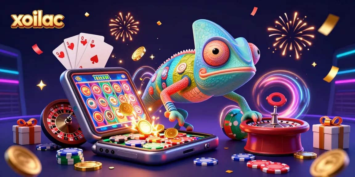 Watch the chameleon casino owner enjoying big wins with xoilac as colorful slot games rewards erupt.