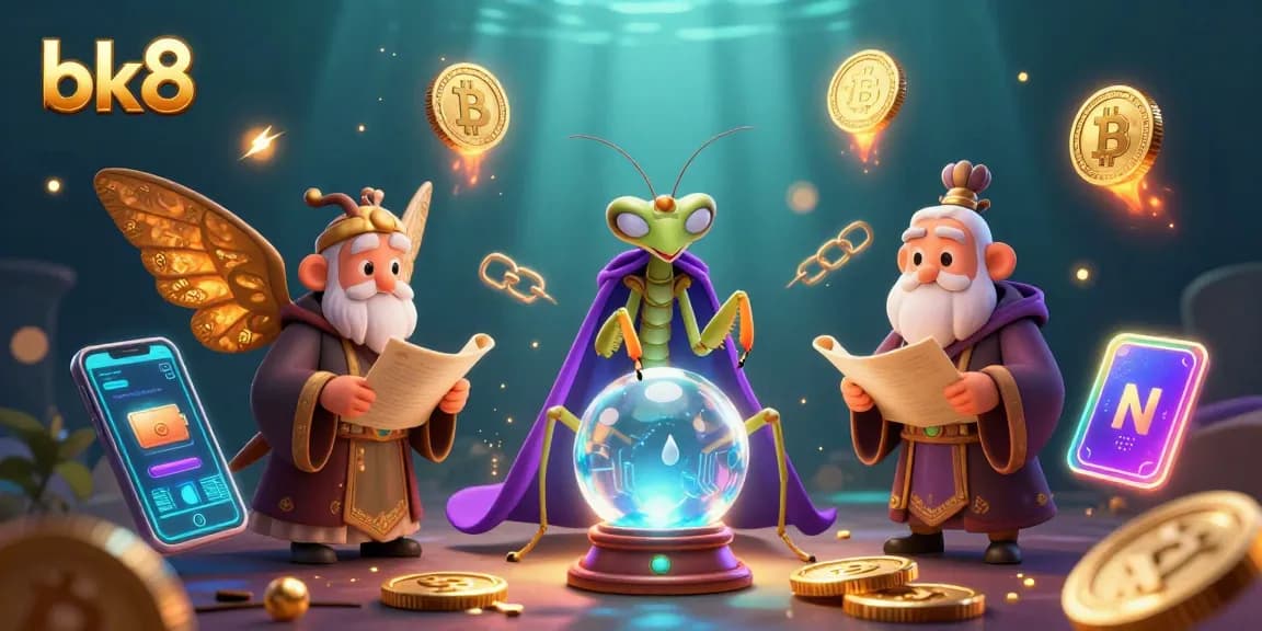 Engage with bk8 through this vibrant casino-themed 3D artwork featuring fortune tellers and crypto elements.