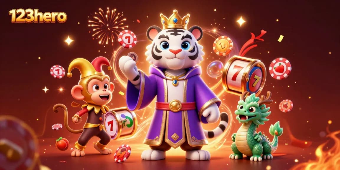 Engage in the vibrant 123hero casino experience with a lively 3D illustration showcasing festive characters and slot elements.