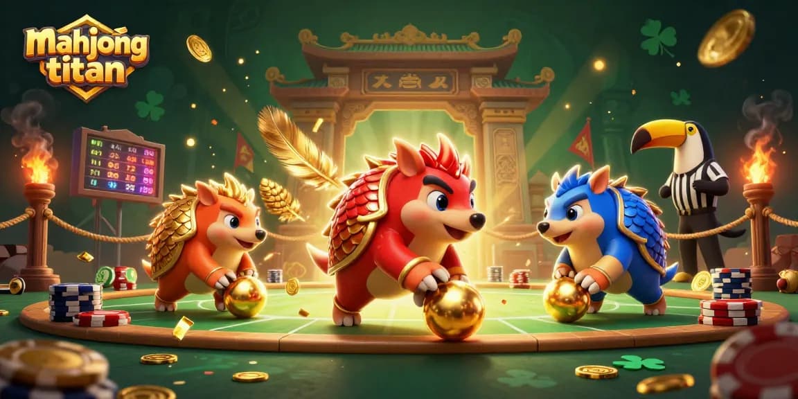 Bowling through poker chips in Mahjong Titan with vibrant pangolins and a toucan referee.