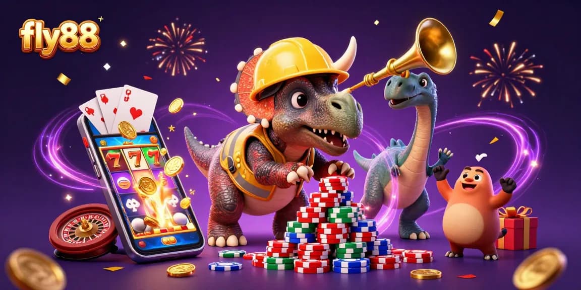 fly88 showcases a vibrant celebration with lively characters and dynamic gaming elements in 3D.