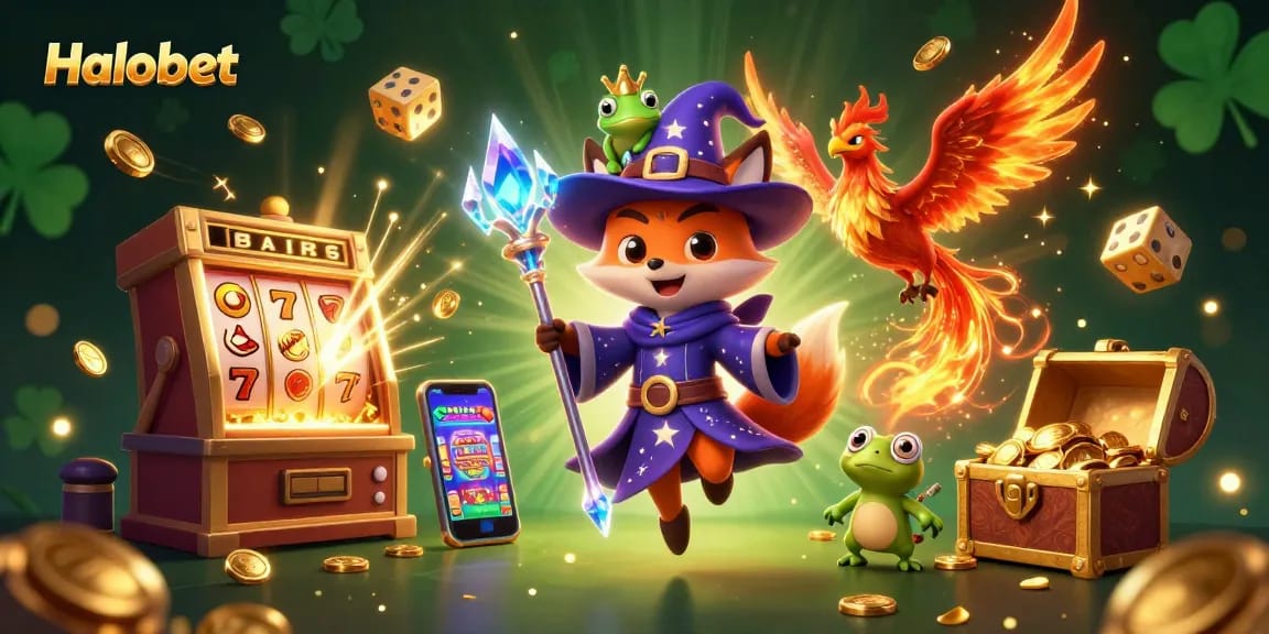 Engage in exciting slots with Halobet's mystical casino illustration featuring a wizard and phoenix.