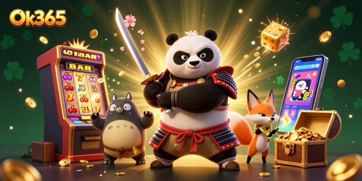 Experience thrilling gaming at Ok365 with dynamic scenes of samurai panda and lucky symbols.