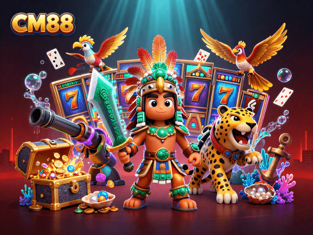 Experience thrilling slots and jackpots at CM88 with vibrant Aztec warriors and treasures.