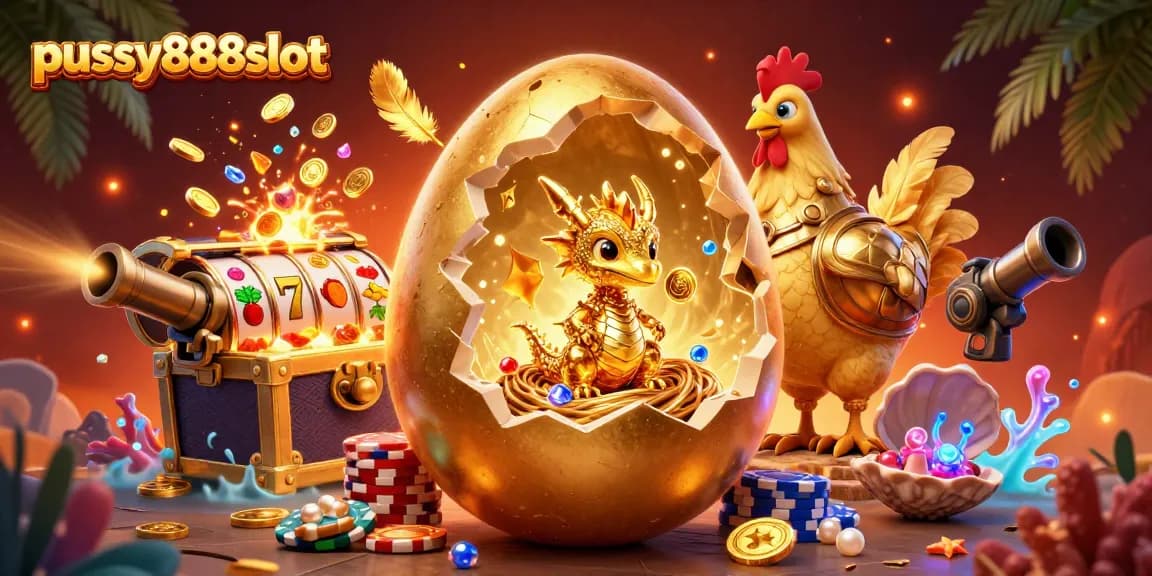Experience the thrilling pussy888slot with a gold dragon revealing treasures and vibrant casino elements!