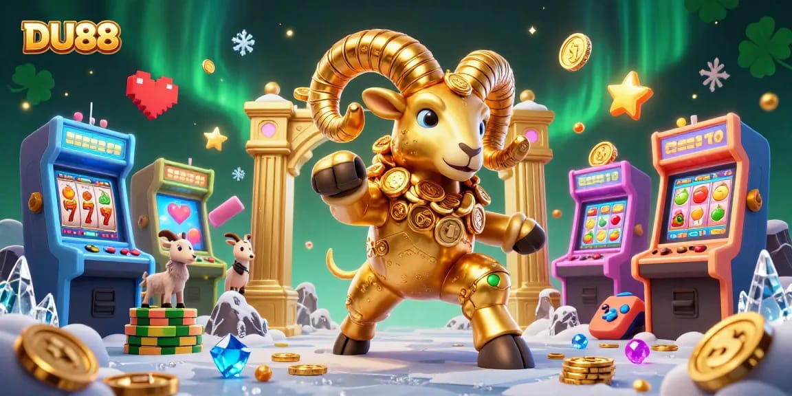 Engage with DU88 slots featuring a golden ram at the gate amidst vibrant gaming elements.
