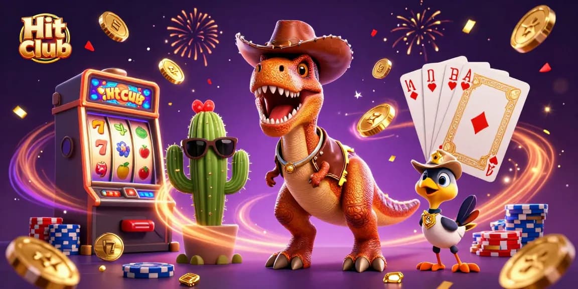 Spin the reels at Hit club with a festive atmosphere of fun and luck, featuring vibrant characters.