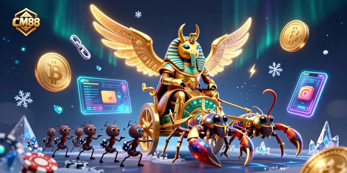 Engage in exciting betting at CM88, featuring a golden scarab beetle, scorpions, and vibrant crypto elements.