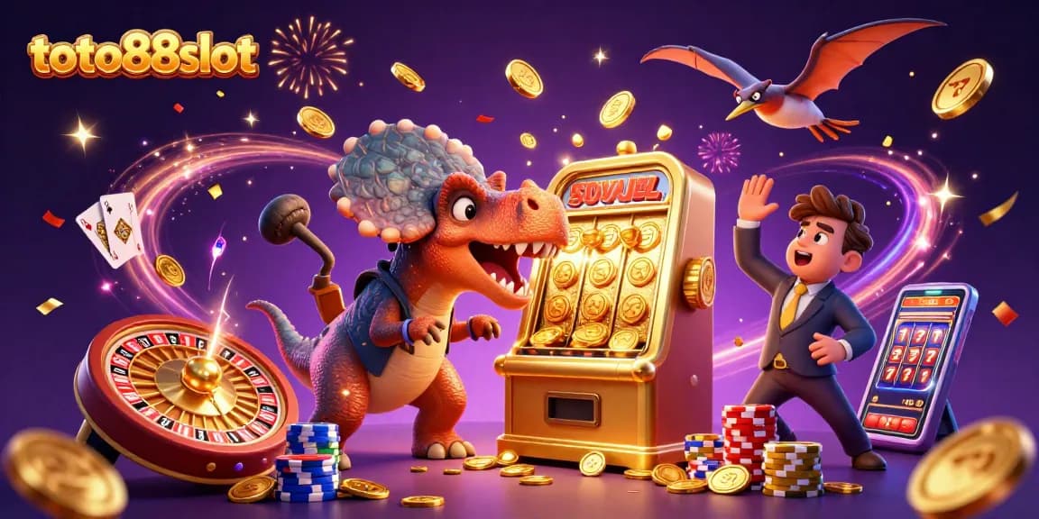 Experience thrilling wins at toto88slot with cartoon dinosaurs and cascading coins in a vibrant casino scene.