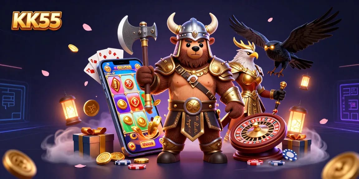 Engage with KK55's thrilling gaming experience featuring a Viking bear, Valkyrie eagle, and cinematic slot elements.