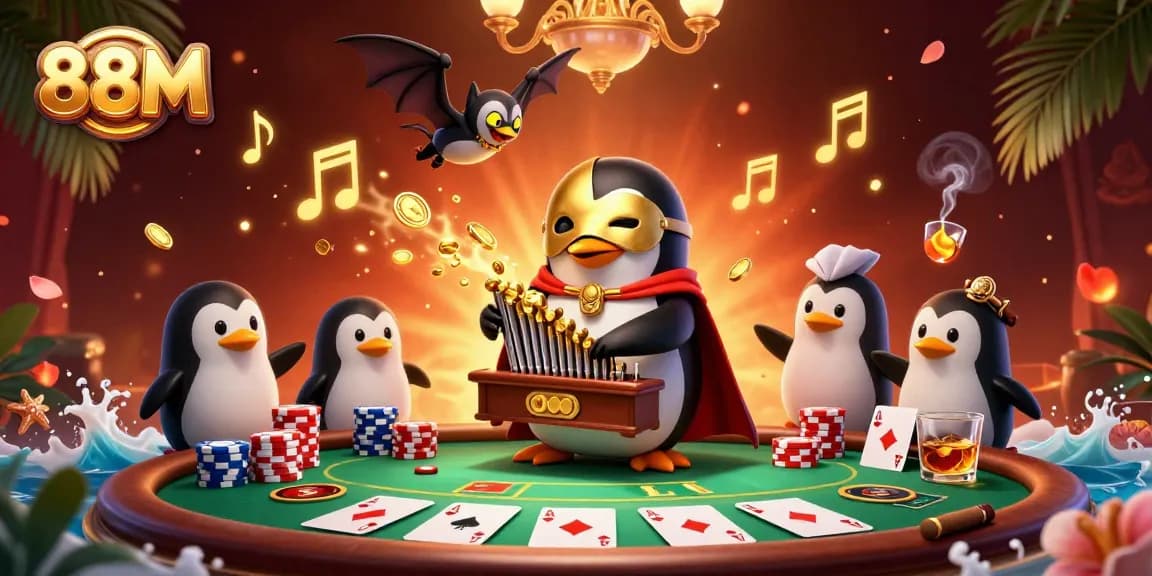 Experience thrilling gaming with 88M as a penguin plays a golden organ amidst poker action.