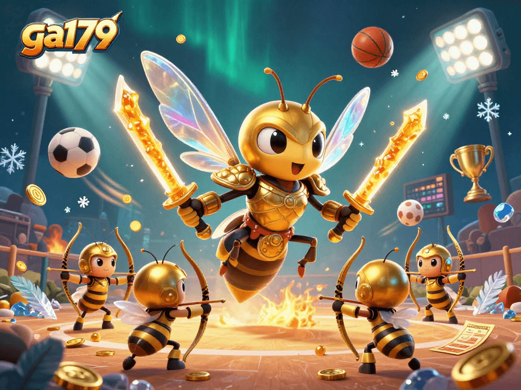 Engage with exciting ga179 cockfighting action in a dynamic 3D illustration, featuring a golden hornet and bee archers.