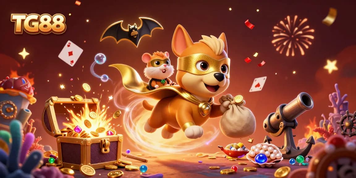 Experience thrilling moments with TG88, featuring a superhero dog celebrating a jackpot win in a colorful casino.