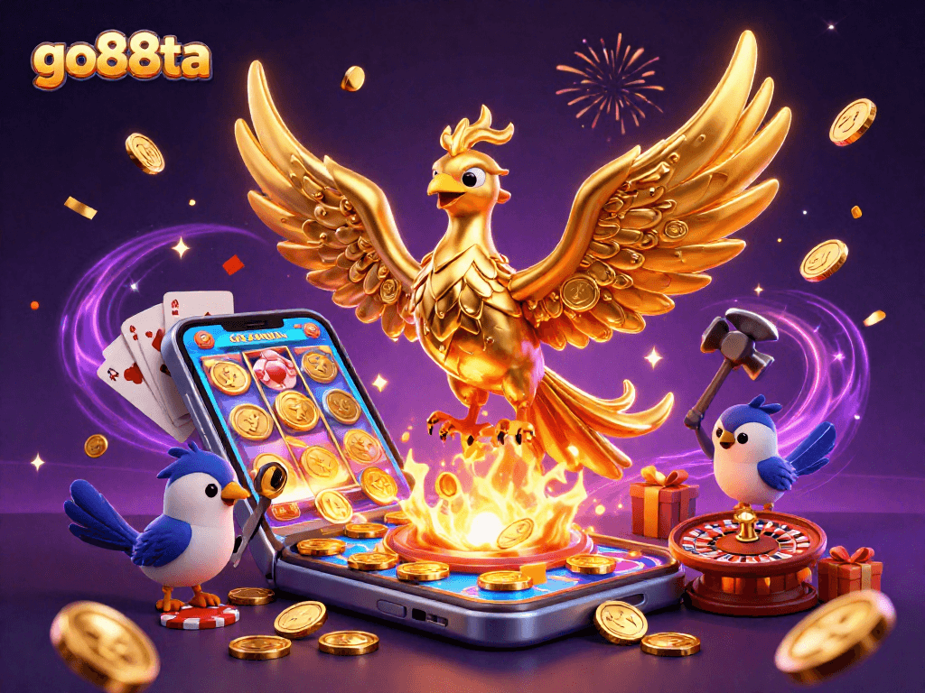 go88ta unveils golden phoenix and sparrow assistants in a vibrant 3D casino scene.