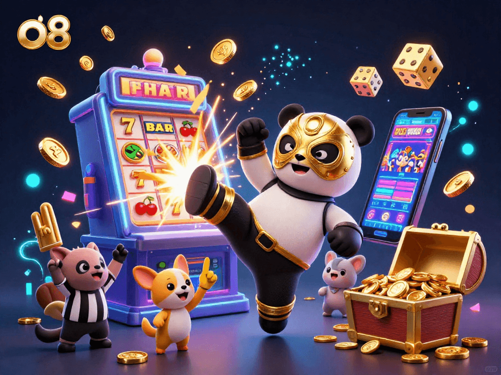 Exciting scene showcasing o8 with a 3D cartoon panda wrestler kicking amidst casino elements and cheering animal crowd.