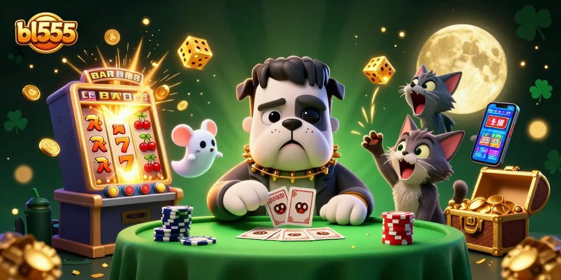 Experience vibrant gaming with bl555: A cartoon bulldog dealer and spooky casino atmosphere.