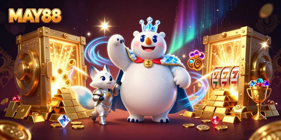 MAY88 leads thrilling gameplay with ice king polar bear and treasure in an online casino scene.