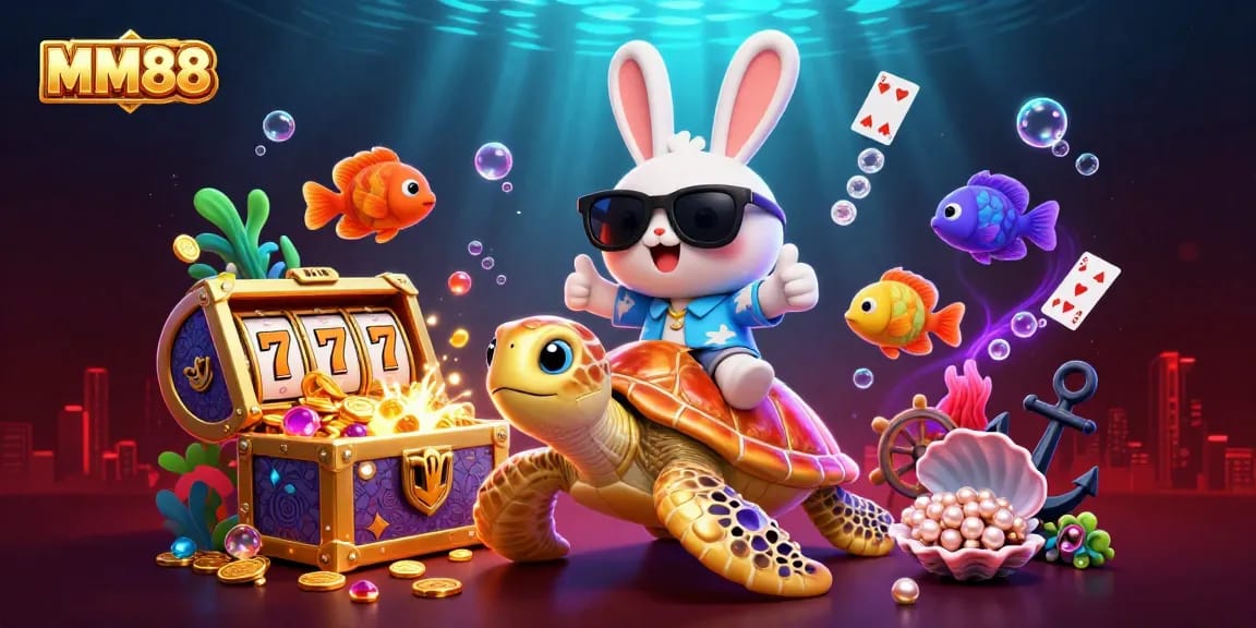 Experience exciting wins at MM88 with the lucky rabbit and golden turtle in this vibrant casino scene.
