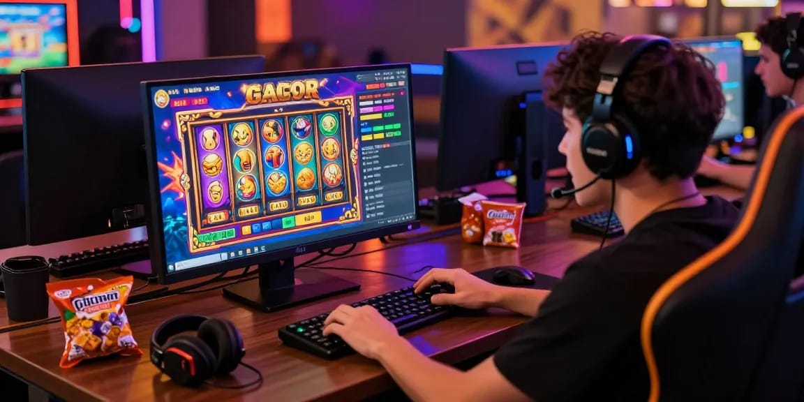 Engaging player experiencing slot gacor excitement on a computer with vibrant game graphics and community support.