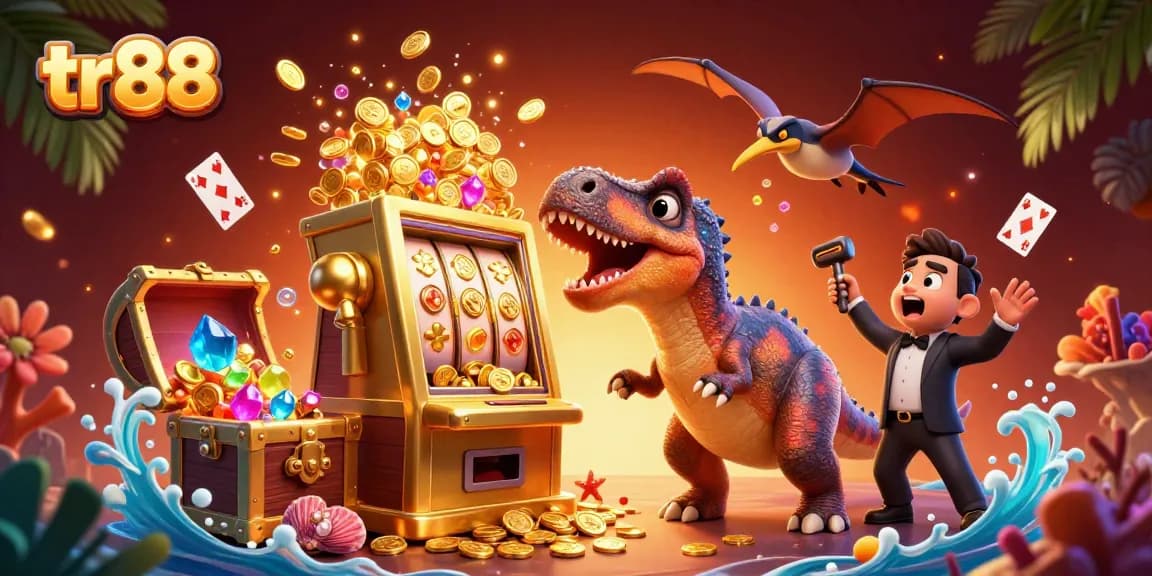tr88 slots scene with a dinosaur headbutting a jackpot machine amidst falling coins and a casino manager.