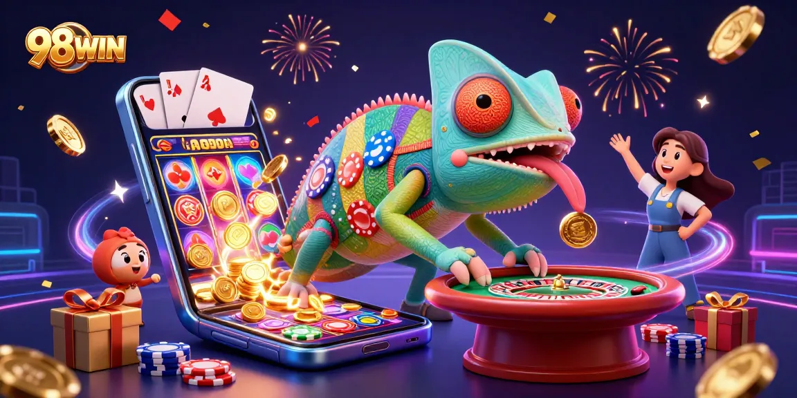 Play and win exciting games at 98WIN with a vibrant casino illustration filled with action.