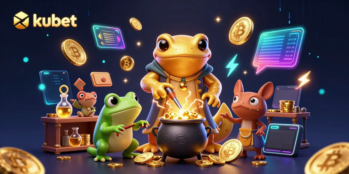 Engage with kubet's thrilling gaming world featuring a golden alchemist and vibrant cryptocurrency elements.