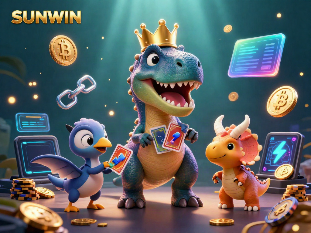 SUNWIN offers a festive casino experience as a T-Rex shuffles cards with help and a triceratops stacks golden chips.