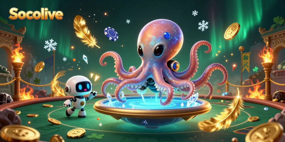 Socolive offers immersive poker gameplay with an alien octopus and robot in an exciting casino-themed scene.
