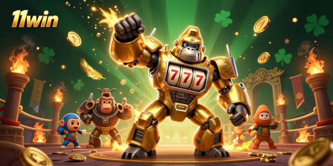 Spin to win big with 11win's energetic 3D gaming experience featuring a golden gorilla mech.