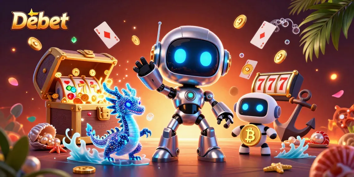 Engaging Debet casino scene featuring a cyberpunk robot, AI dragon, and bitcoin drone amidst vibrant gambling elements.