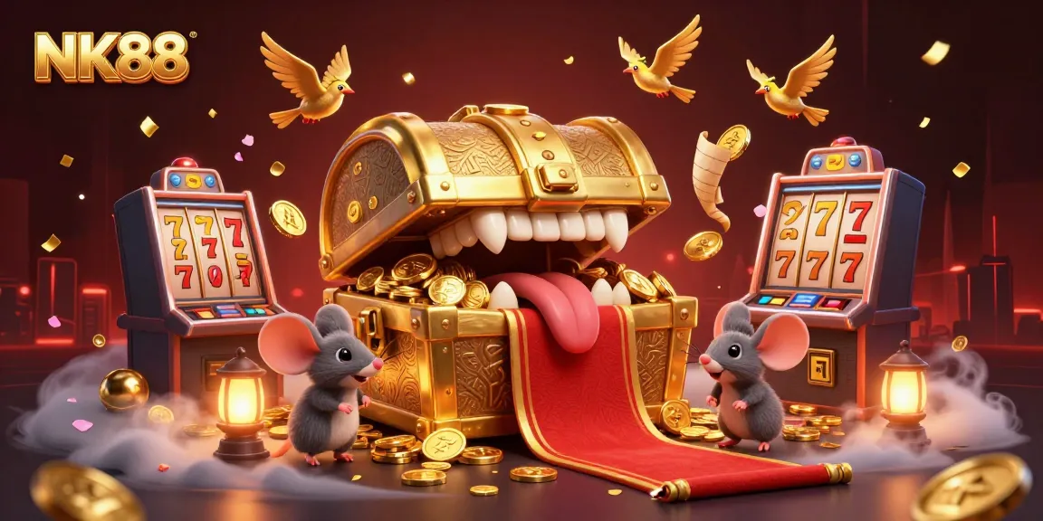 Engage with NK88's treasure chest adventure, featuring exciting slot machines and a lively casino scene.