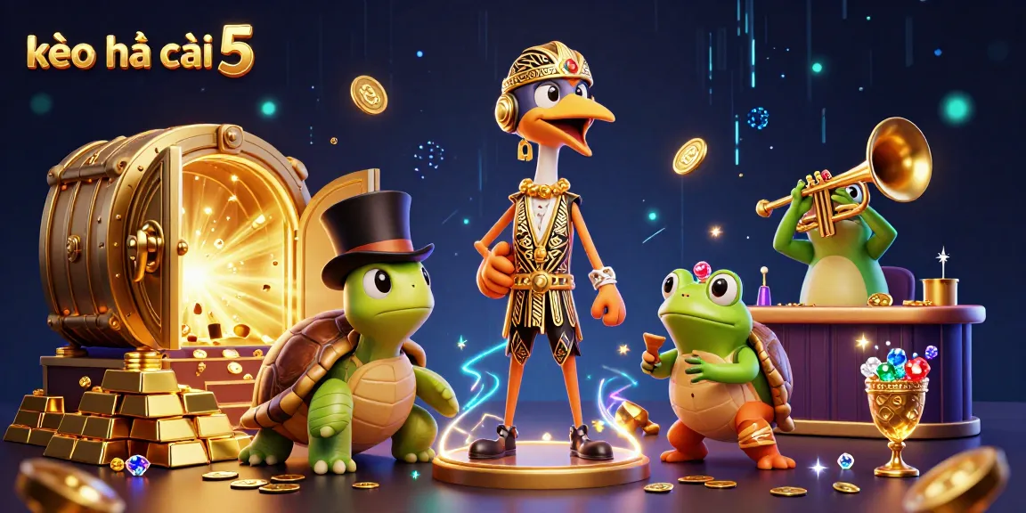 Experience the excitement of kèo nhà cái 5 with vibrant characters and dazzling treasure in a dynamic casino scene.
