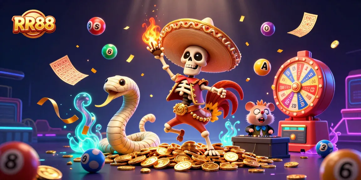 Experience the excitement of RR88 with a dynamic 3D casino illustration showcasing vibrant games and characters.