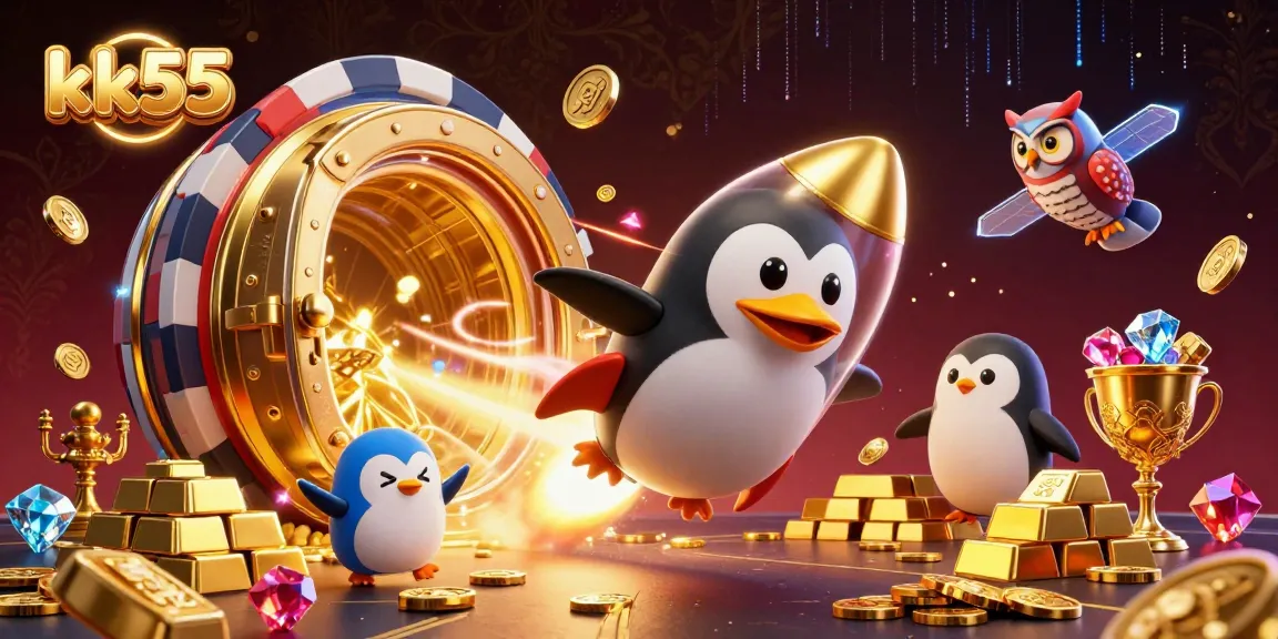 Engage with kk55's high-tech casino experience through a vibrant illustration of a golden penguin and casino space.