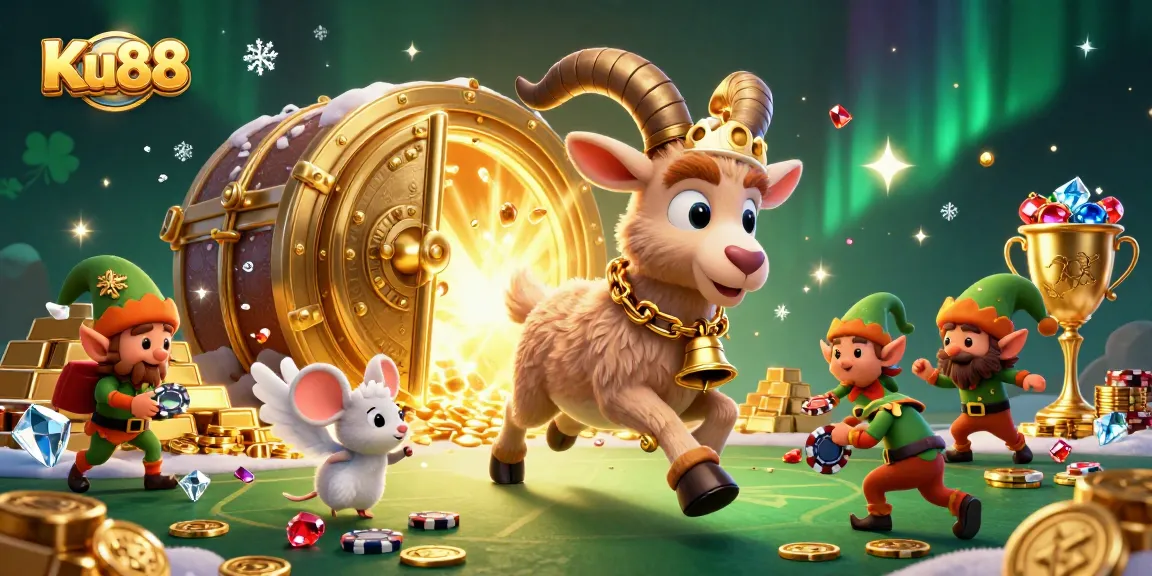Join the exciting realm of Ku88 as festive Krampus and friends navigate a vibrant casino scene.