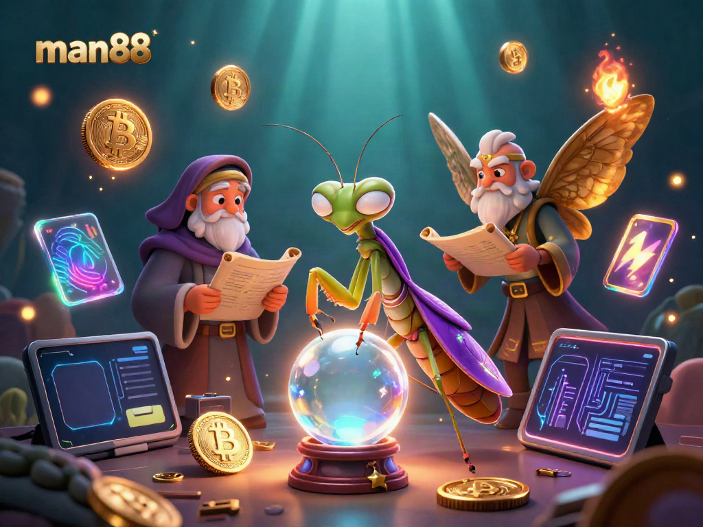 Play exciting games at man88 with a mystical fortune teller and golden financial elements around them.