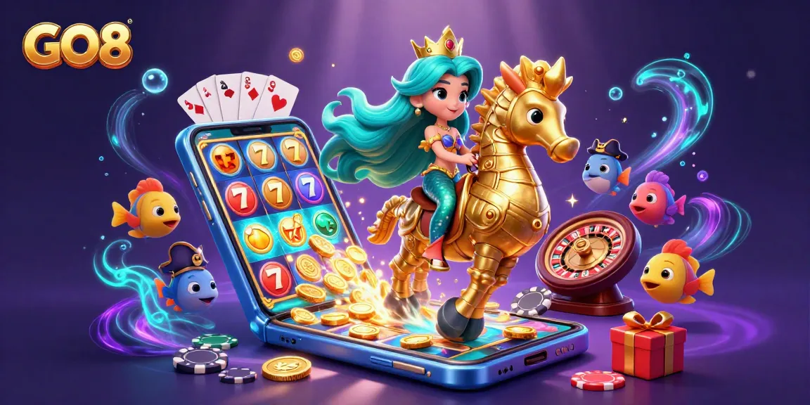 Win big at GO8 with vibrant slot games featuring a mermaid and seahorse in a magical underwater scene.