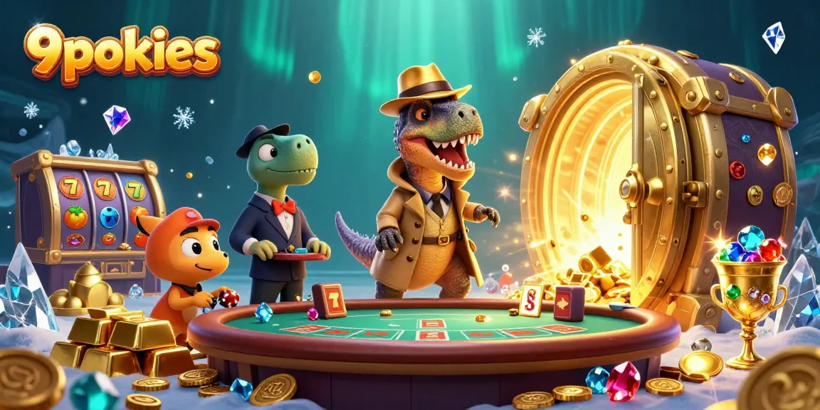Play exciting games at 9pokies with a velociraptor and a stegosaurus in a vibrant casino scene.