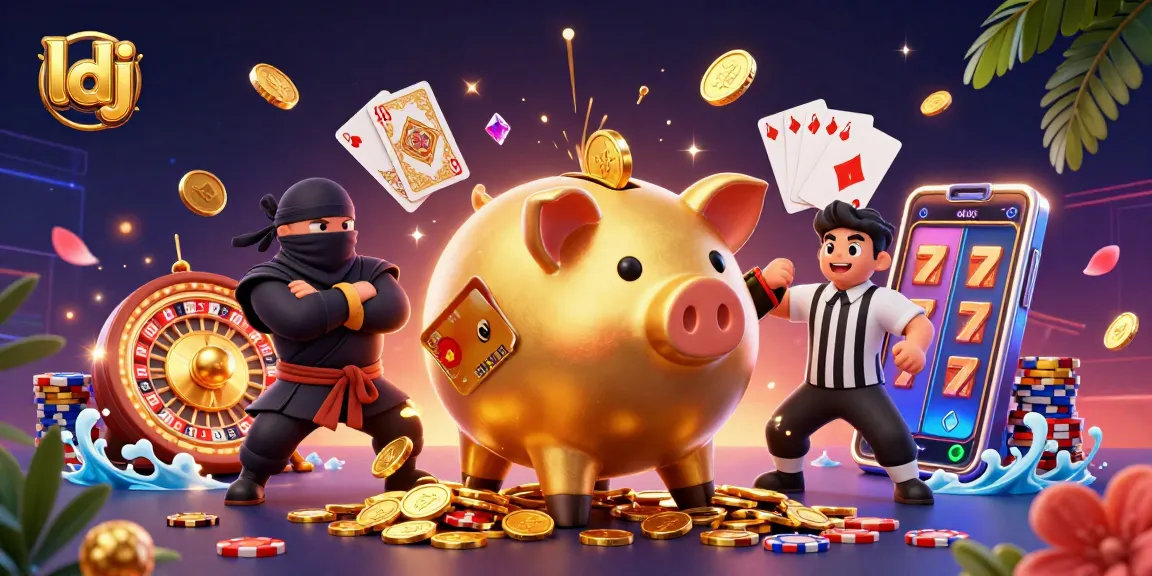 ldj online casino features a sumo piggy bank shaking coins, surrounded by gambling elements.