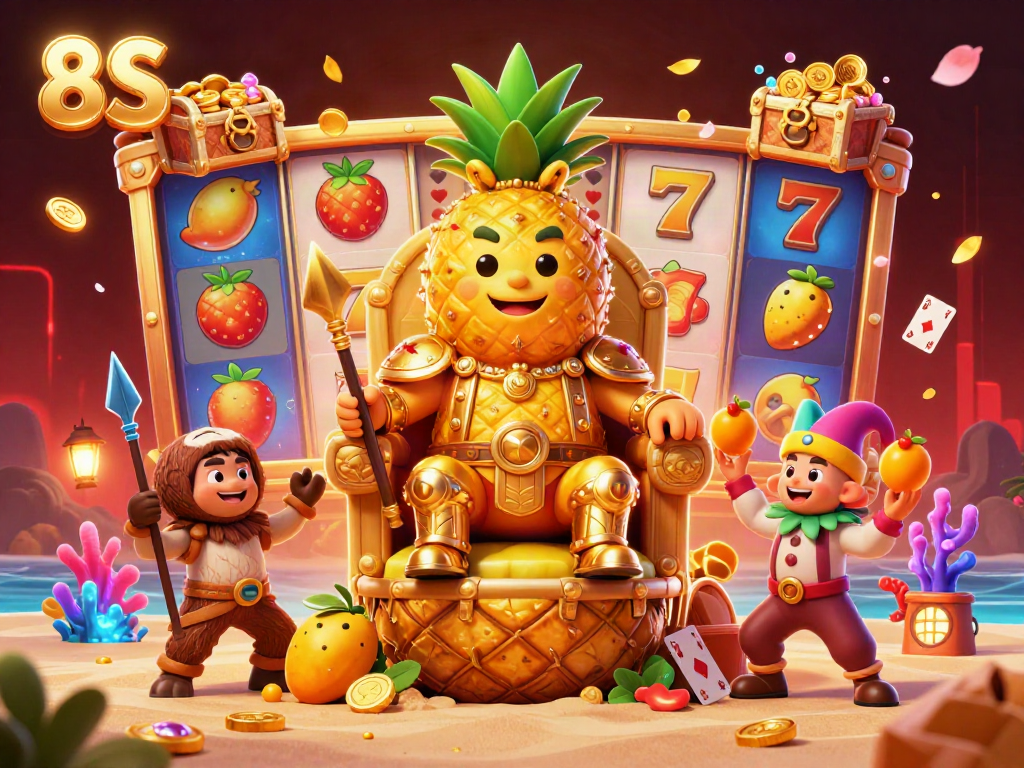 Experience the vibrant 8S casino scene with a golden pineapple king, slot reels, and dazzling treasures.