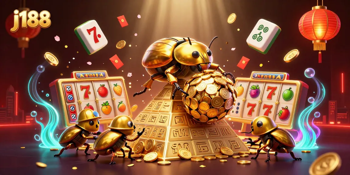 Experience winning with j188 as golden beetles roll in a vibrant casino scene filled with excitement.