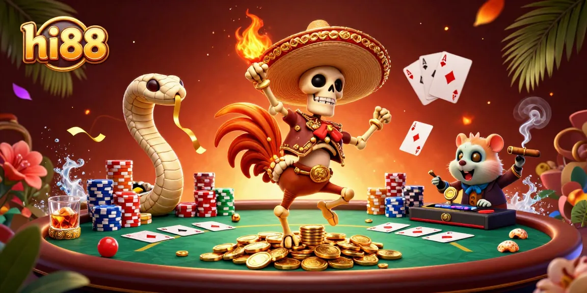 Experience excitement at hi88 with a festive 3D illustration featuring a dancing mariachi rooster and casino elements