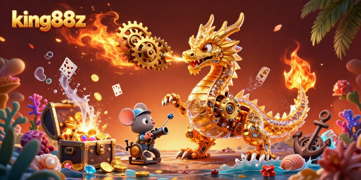 Experience the thrill of king88z with a cartoon dragon and treasure in a vibrant casino scene.
