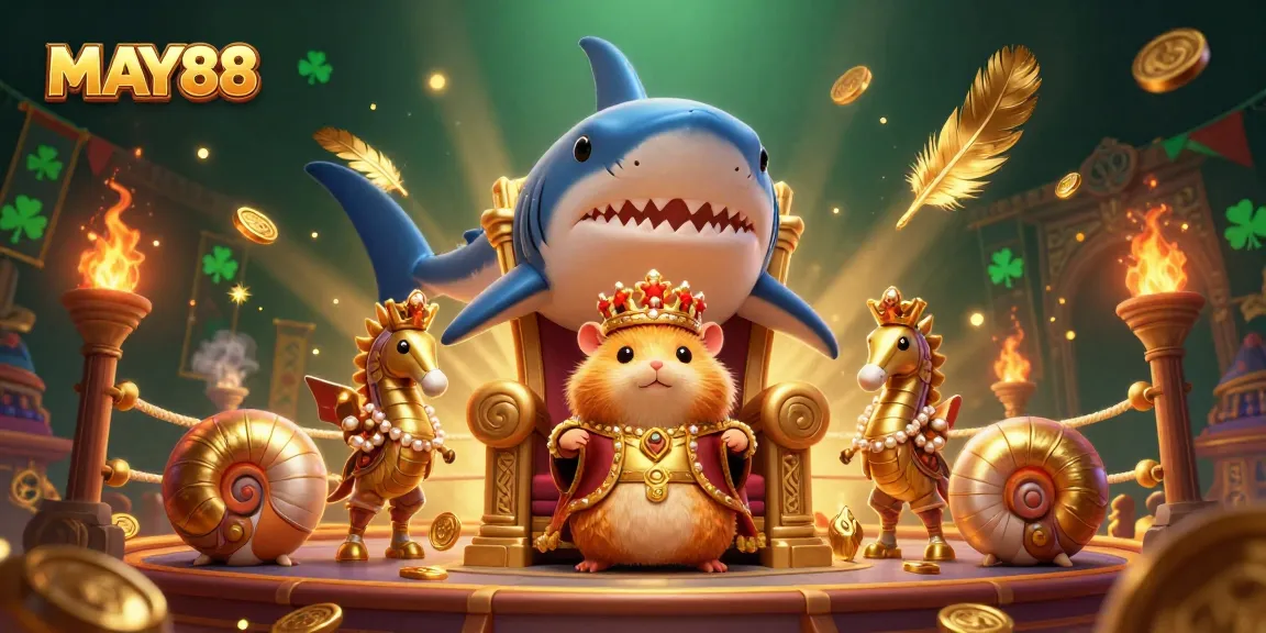 Experience the thrill of MAY88 with a fierce golden hamster king amidst a dynamic casino scene filled with action and excitement.