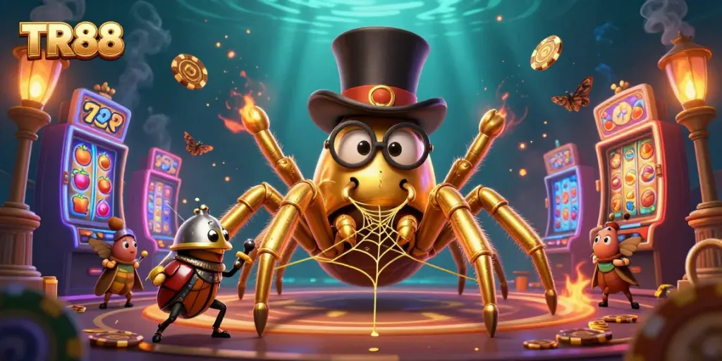 Experience the thrill of TR88 with vibrant slot machines and playful characters in a dynamic casino scene.