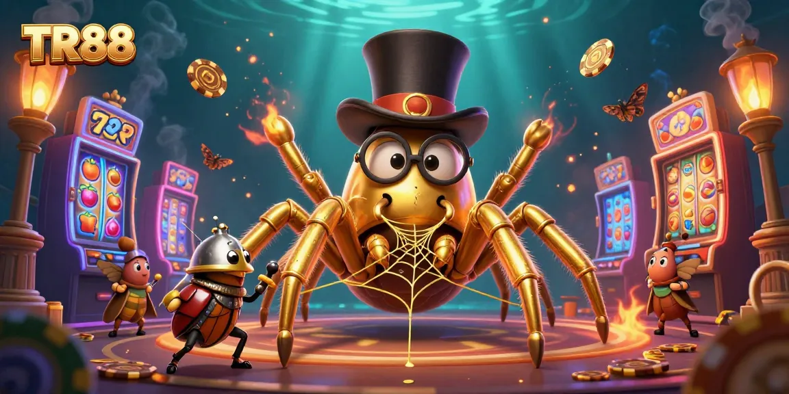 Experience the thrill of TR88 with vibrant slot machines and playful characters in a dynamic casino scene.